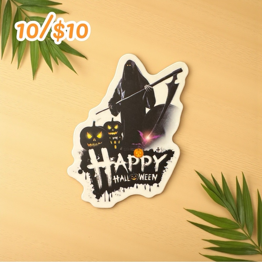 Vintage Halloween Sticker – Grim Reaper with Pumpkins & “Happy Halloween” Text